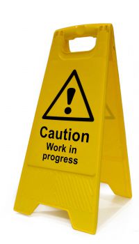 Caution Work in Progress Heavy Duty A Board made from polypropylene and are printed on both sides. Size 620 x 300 x 450mm
