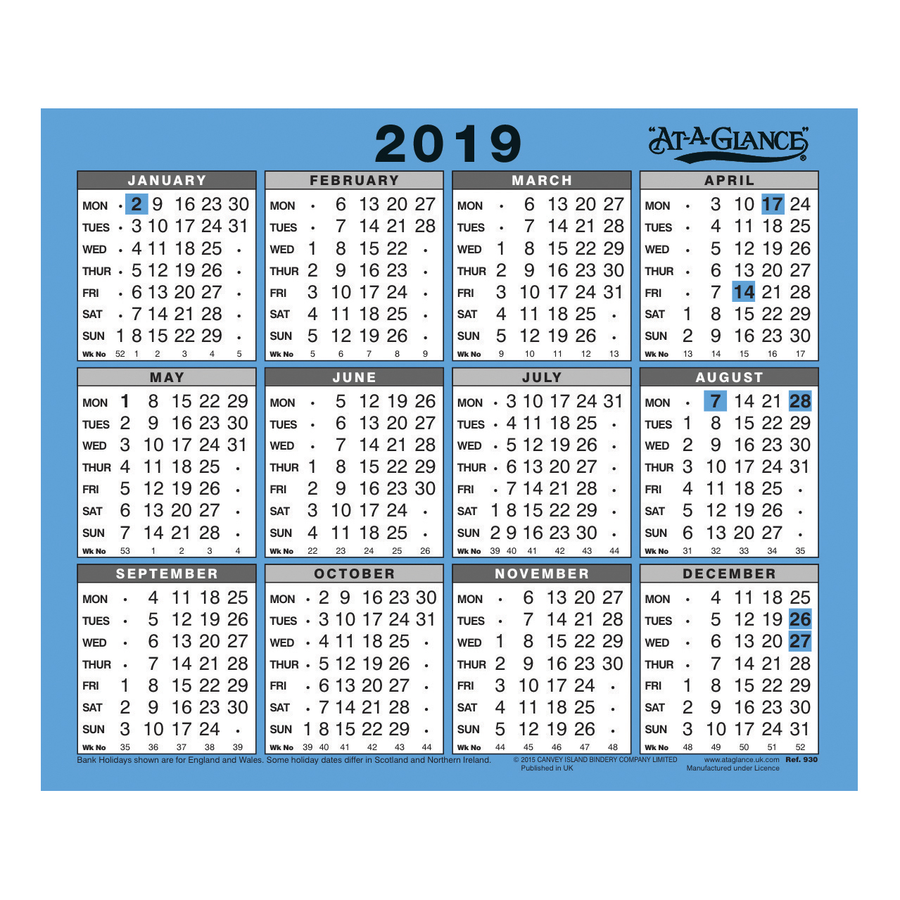 At-A-Glance 2019 Wall/Desk Calendar Year to View Gloss Board Binding 254x210mm White/Blue Ref 930 2019 At-A-Glance 2019 Wall/Desk Calendar Year to View Gloss Board Binding 254x210mm White/Blue Ref 930 2019