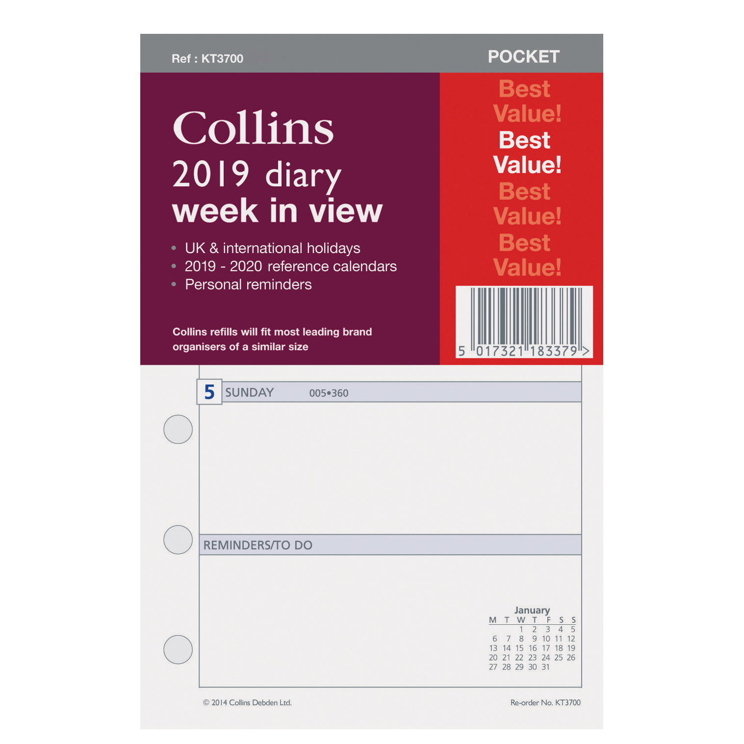 Collins 2019 Pocket Organiser Diary Refill Week to View 80x120mm White Ref KT3700-19 Collins 2019 Pocket Organiser Diary Refill Week to View 80x120mm White Ref KT3700-19