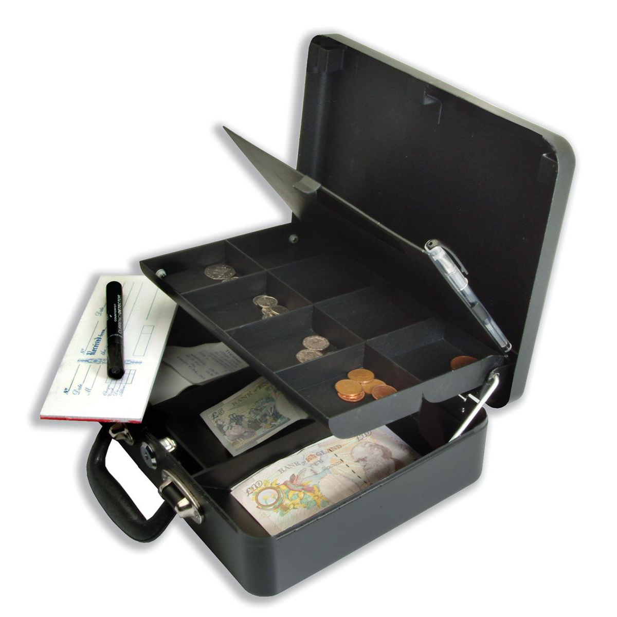 Petty Cash Box With Lock With Organiser Coin Tray 8 Part and Note Section 3 Part W305xD250xH90mm Petty Cash Box With Lock With Organiser Coin Tray 8 Part and Note Section 3 Part W305xD250xH90mm