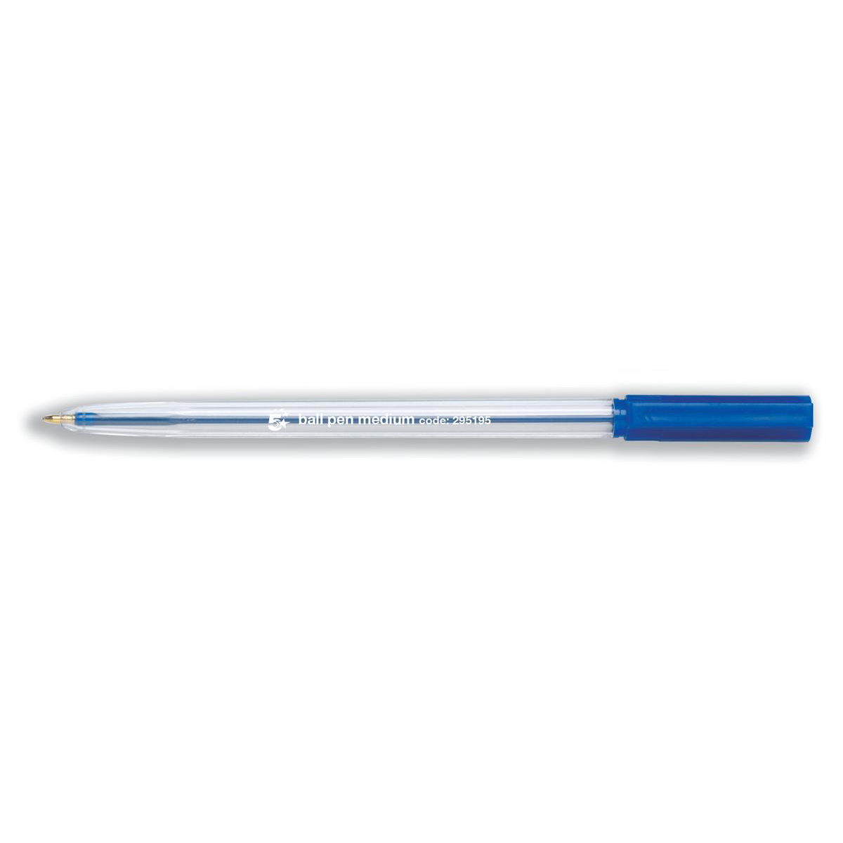 5 Star Office Ball Pen Clear Barrel Medium 1.0mm Tip 0.4mm Line Blue