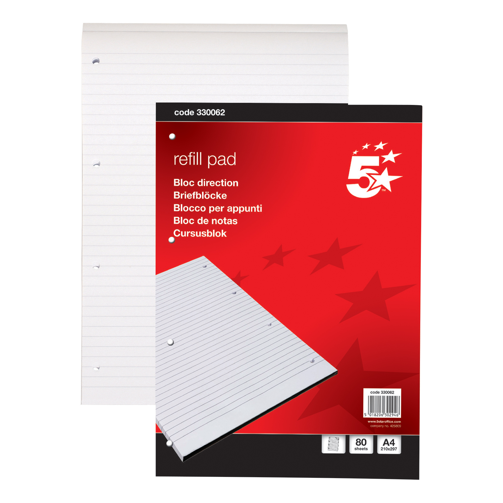 5 Star Office Refill Pad Headbound Feint Ruled 60gsm 4-Hole Punched 80 Sheets A4