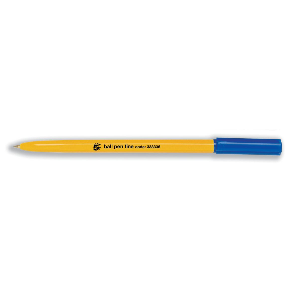 5 Star Office Ball Pen Yellow Barrel Fine 0.8mm Tip 0.3mm Line Blue