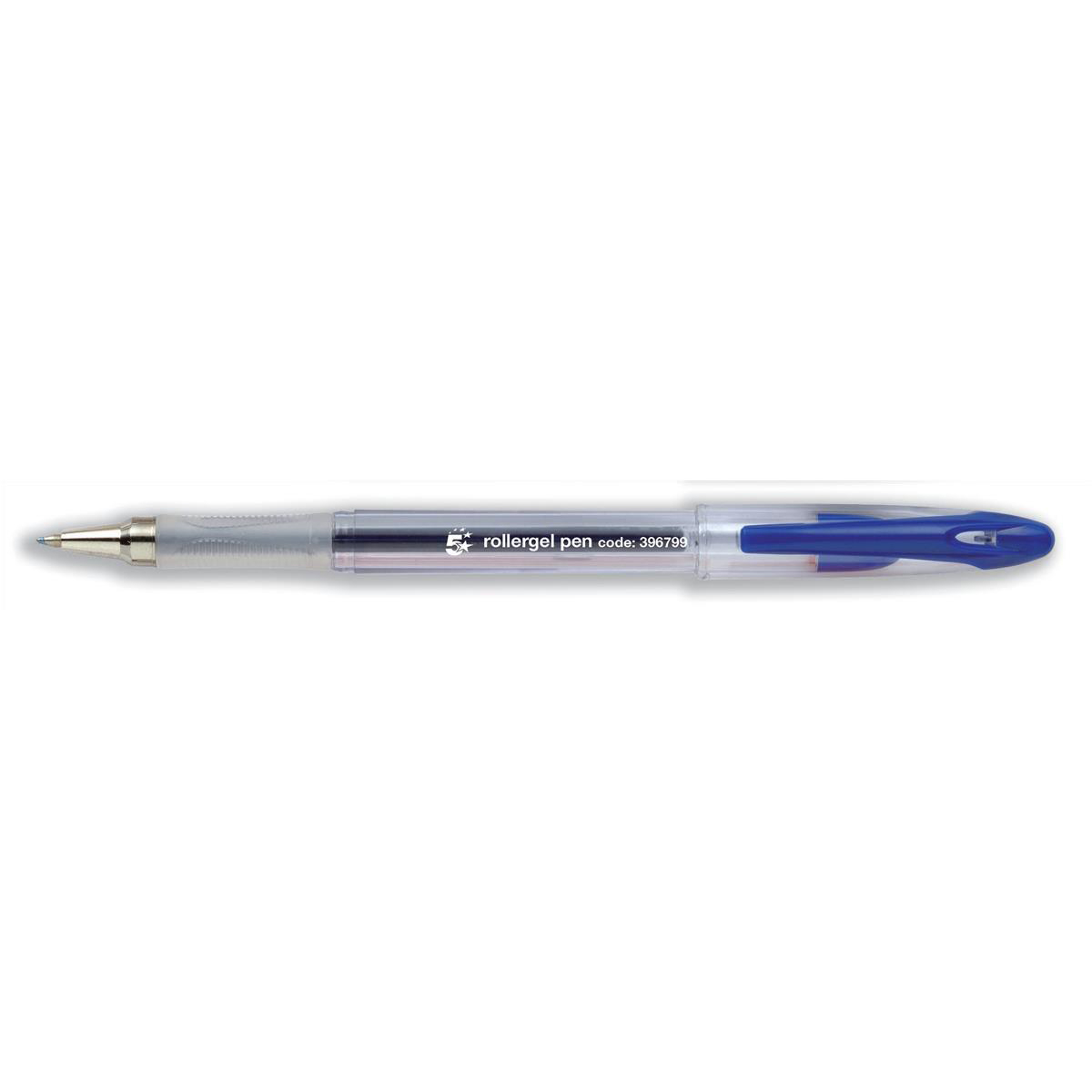 5 Star Office Roller Gel Pen Clear Barrel 1.0mm Tip 0.5mm Line Blue