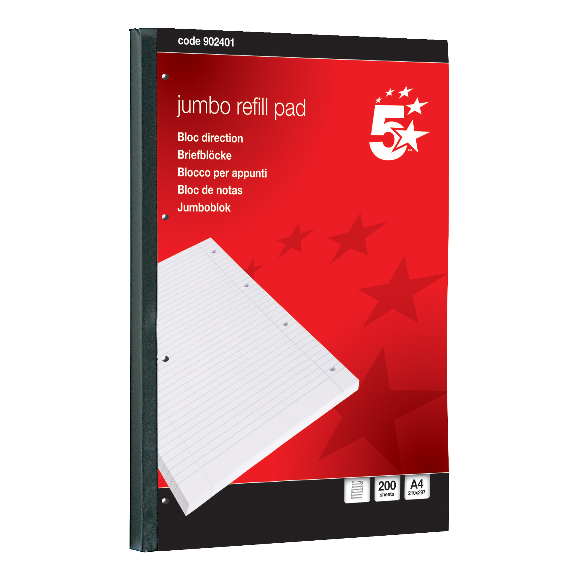 5 Star Office Jumbo Pad Feint Sidebound Ruled with Margin 60gsm 4-Hole Punched 200 Sheets A4