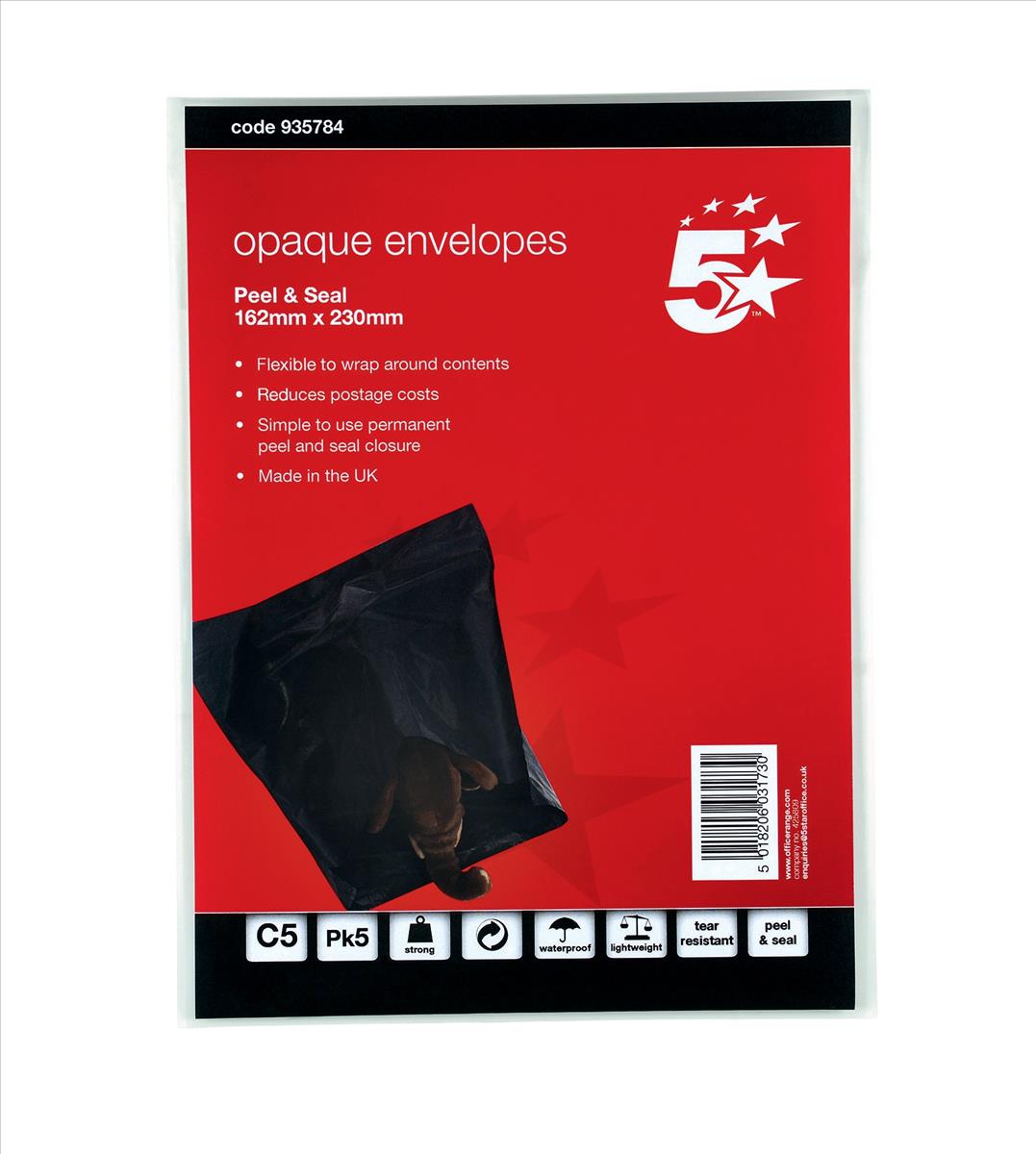 Image for 5 Star Envelope Polythene Opaque C5 162x230mm Peel & Seal [Pack 5]