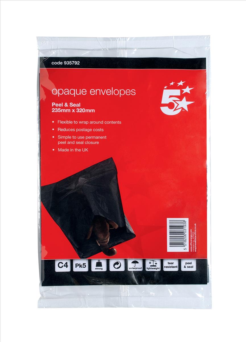 Image for 5 Star Envelope Polythene Opaque C4 235x320mm Peel & Seal [Pack 5]