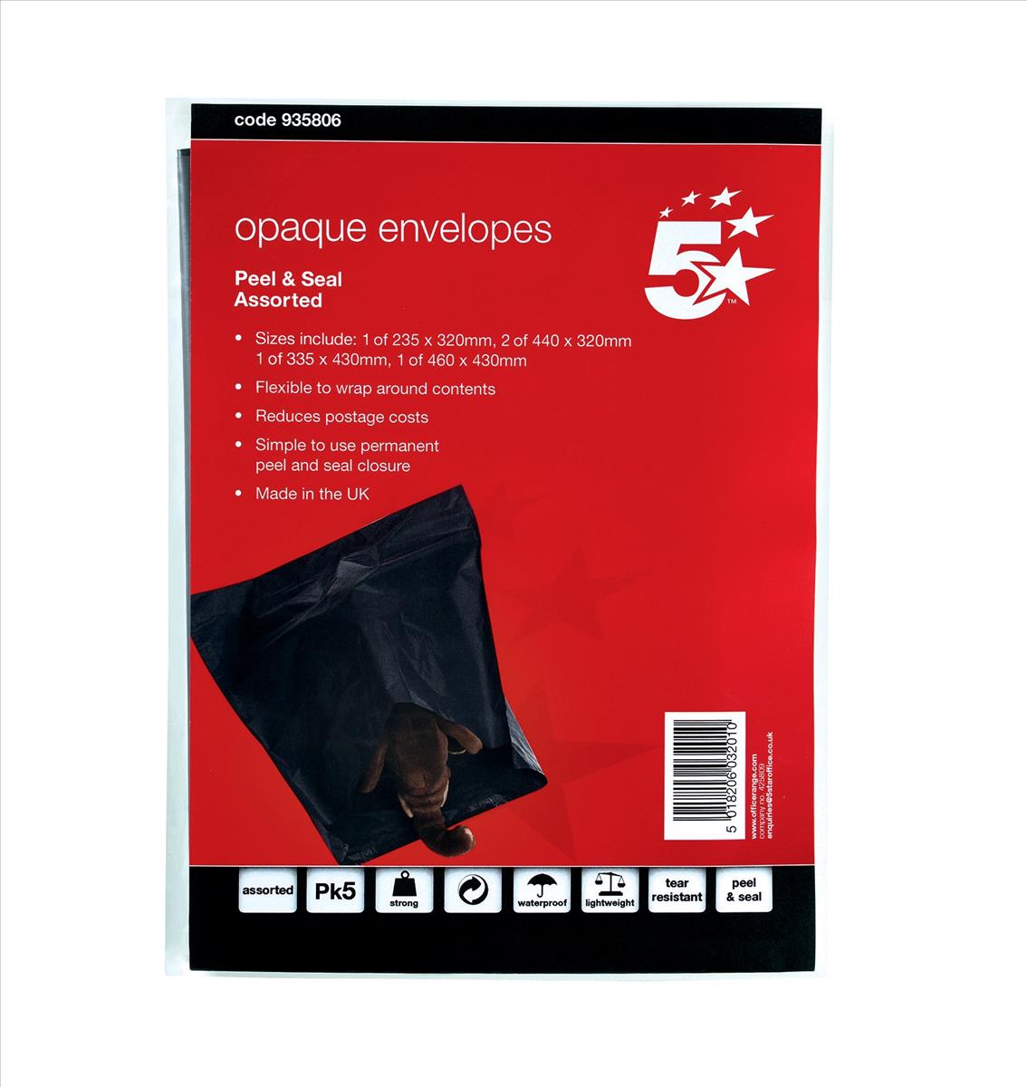 Image for 5 Star Envelope Polythene Opaque Assorted Sizes Peel & Seal [Pack 5]