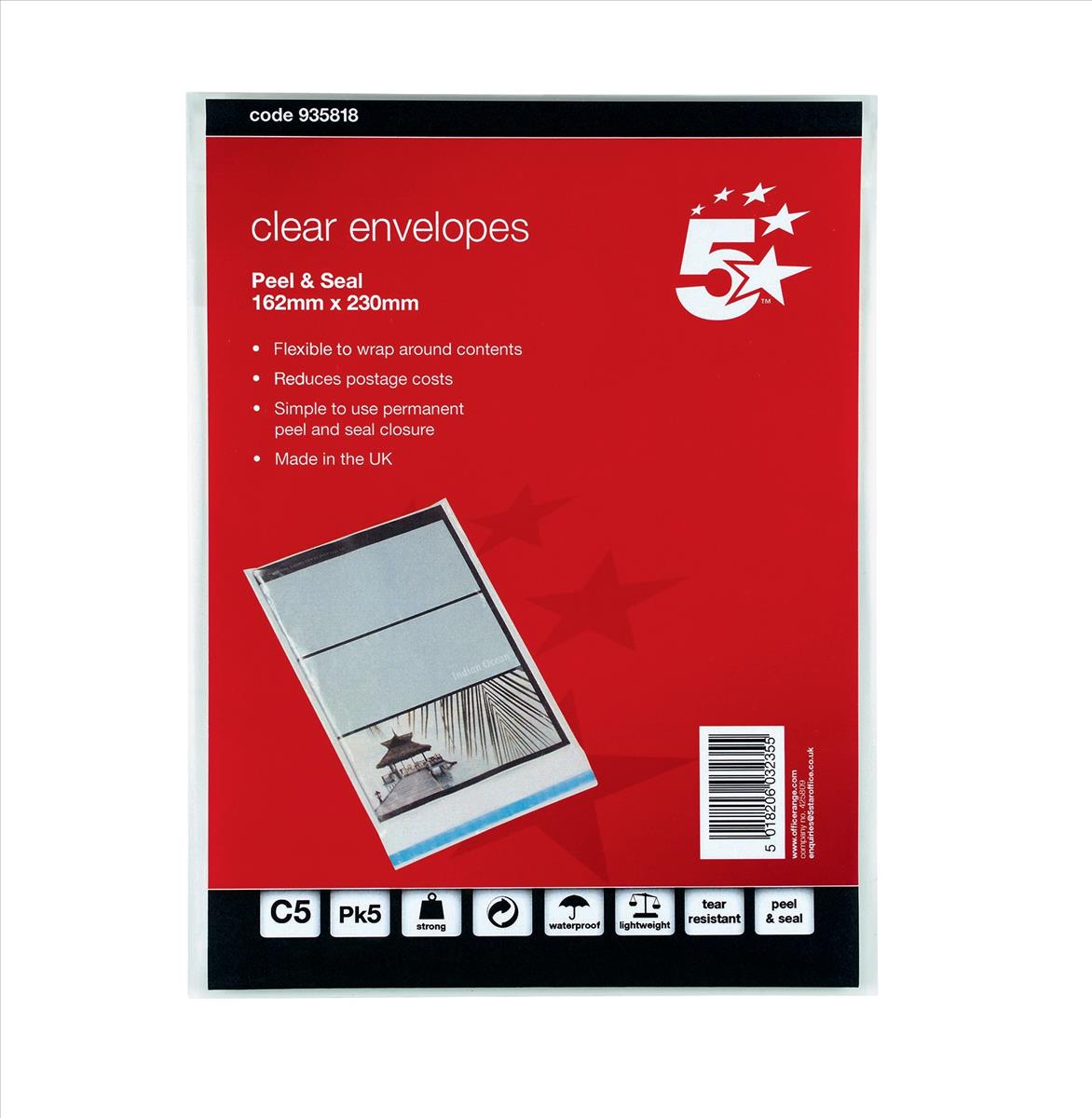 Image for 5 Star Envelope Polythene Clear C5 162x230mm Peel & Seal [Pack 5]