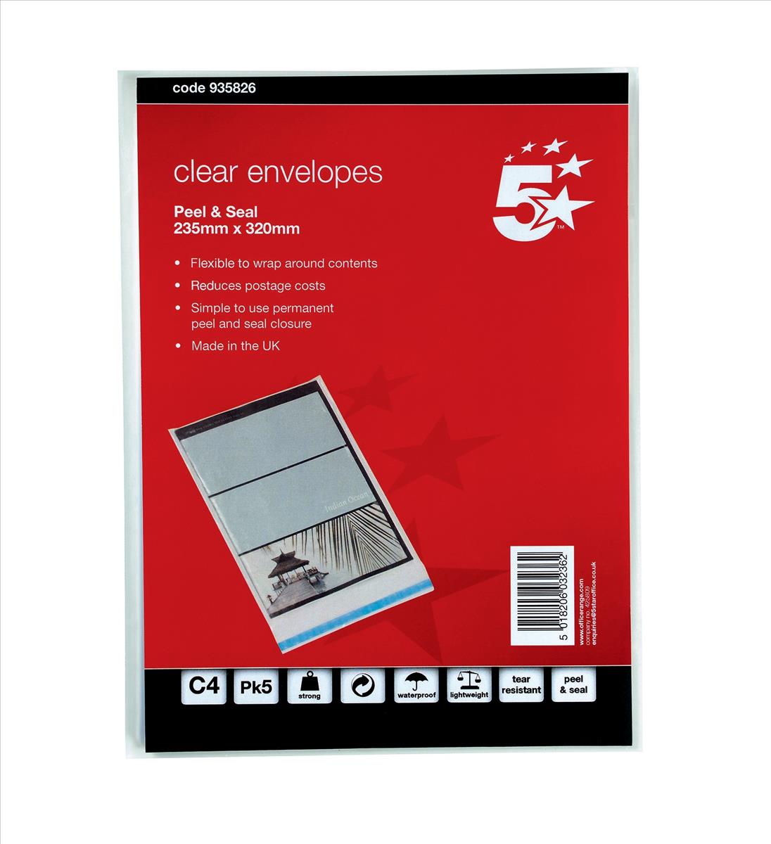 Image for 5 Star Envelope Polythene Clear C4 235x320mm Peel & Seal [Pack 5]