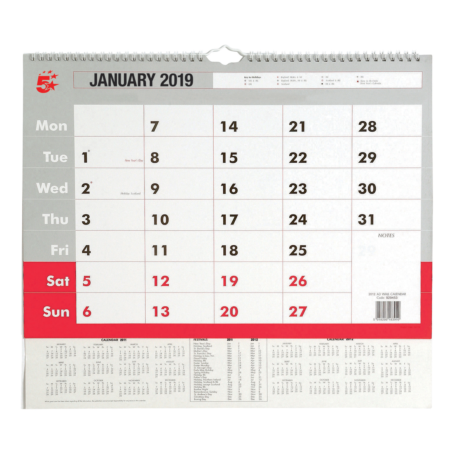 5 Star Office 2019 Wall Calendar Month to View Wirebound 135gsm Paper A3 297x420mm White/Red 5 Star Office 2019 Wall Calendar Month to View Wirebound 135gsm Paper A3 297x420mm White/Red