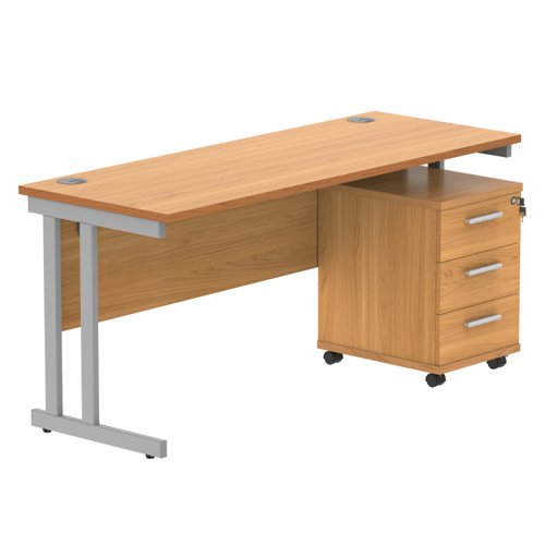 Double Upright Rectangular Desk + 3 Drawer Mobile Under Desk Pedestal (FSC) 1600X600 Norwegian Beech/Silver Double Upright Rectangular Desk + 3 Drawer Mobile Under Desk Pedestal (FSC) 1600X600 Norwegian Beech/Silver