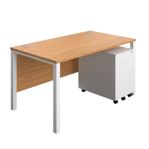 Goal Post Rectangular Desk + 3 Drawer Steel Pedestal (FSC) 1400x800 Nova oak/White Goal Post Rectangular Desk + 3 Drawer Steel Pedestal (FSC) 1400x800 Nova oak/White