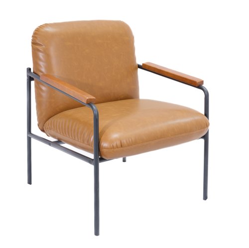Settle Reception Chair with Wooden Arm Pads Black Wire Frame Brown PU/Dark Brown Settle Reception Chair with Wooden Arm Pads Black Wire Frame Brown PU/Dark Brown