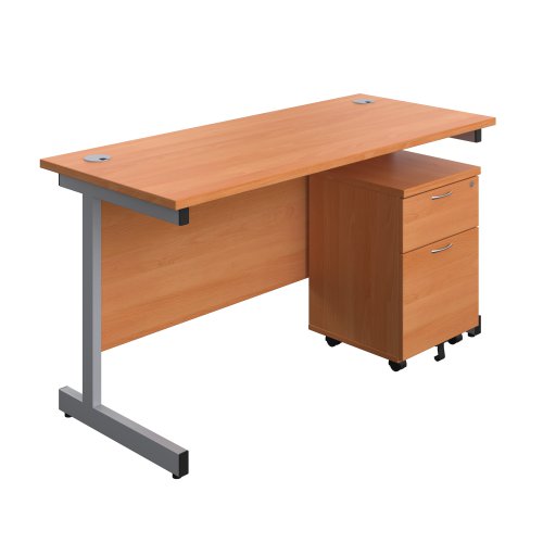 Single Upright Rectangular Desk + Mobile 2 Drawer Pedestal (FSC) 1400 X 600 Beech/Silver Single Upright Rectangular Desk + Mobile 2 Drawer Pedestal (FSC) 1400 X 600 Beech/Silver