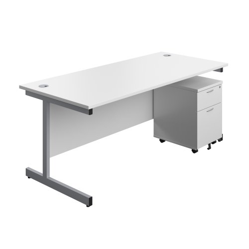 Single Upright Rectangular Desk + Mobile 2 Drawer Pedestal (FSC) 1800 X 800 White/Silver Single Upright Rectangular Desk + Mobile 2 Drawer Pedestal (FSC) 1800 X 800 White/Silver