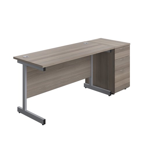 Single Upright Rectangular Desk + Desk High 3 Drawer Pedestal (FSC) 1400 X 600 Grey Oak/Silver Single Upright Rectangular Desk + Desk High 3 Drawer Pedestal (FSC) 1400 X 600 Grey Oak/Silver