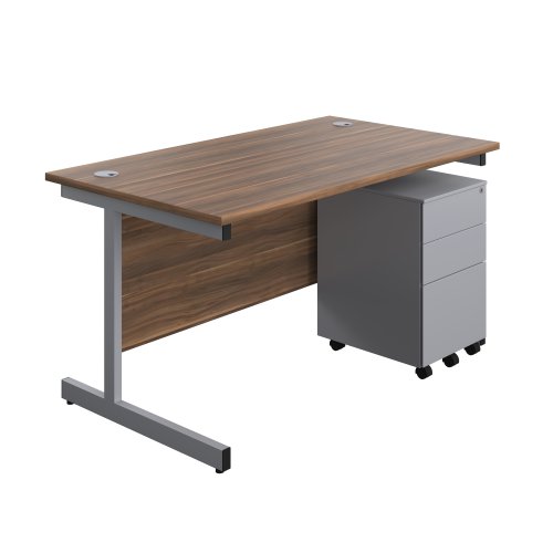 Single Upright Rectangular Desk + Under Desk Steel Pedestal 3 Drawers (FSC) 1400 X 800 Dark Walnut/Silver Single Upright Rectangular Desk + Under Desk Steel Pedestal 3 Drawers (FSC) 1400 X 800 Dark Walnut/Silver