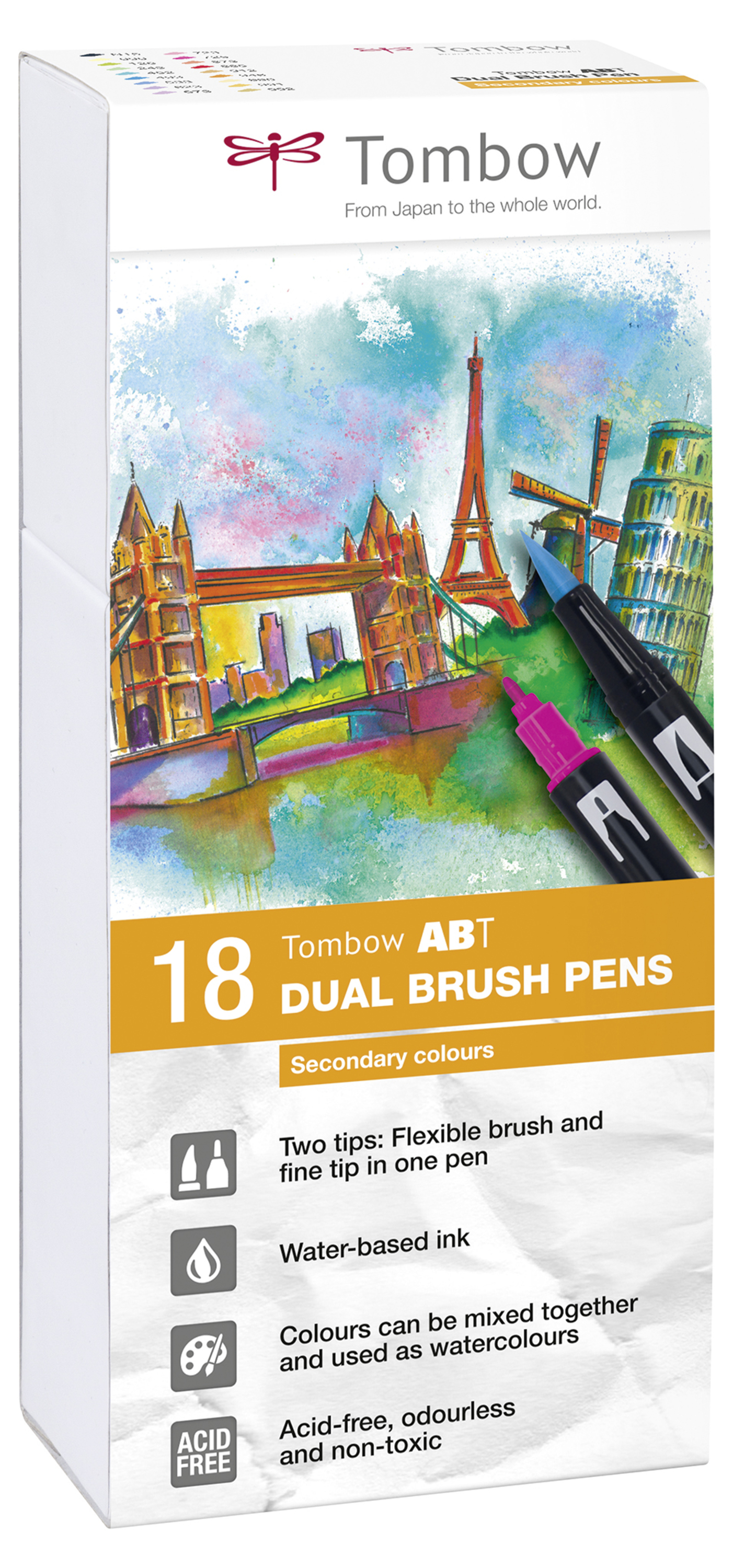 Tombow ABT Dual Brush Pen 2 Tips Secondary Assorted Colours (Pack 18)