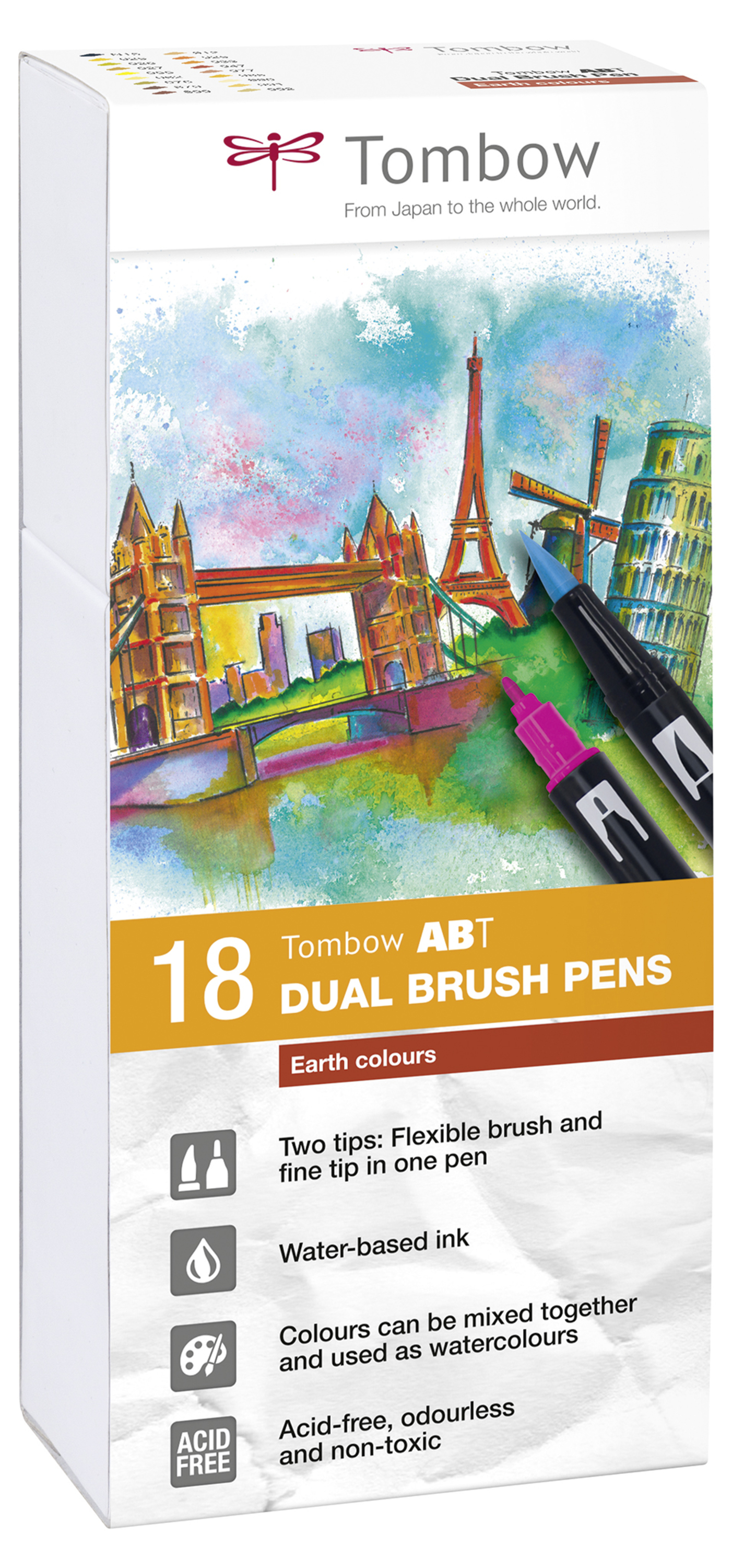 Tombow ABT Dual Brush Pen 2 Tips Earth Assorted Colours (Pack 18)