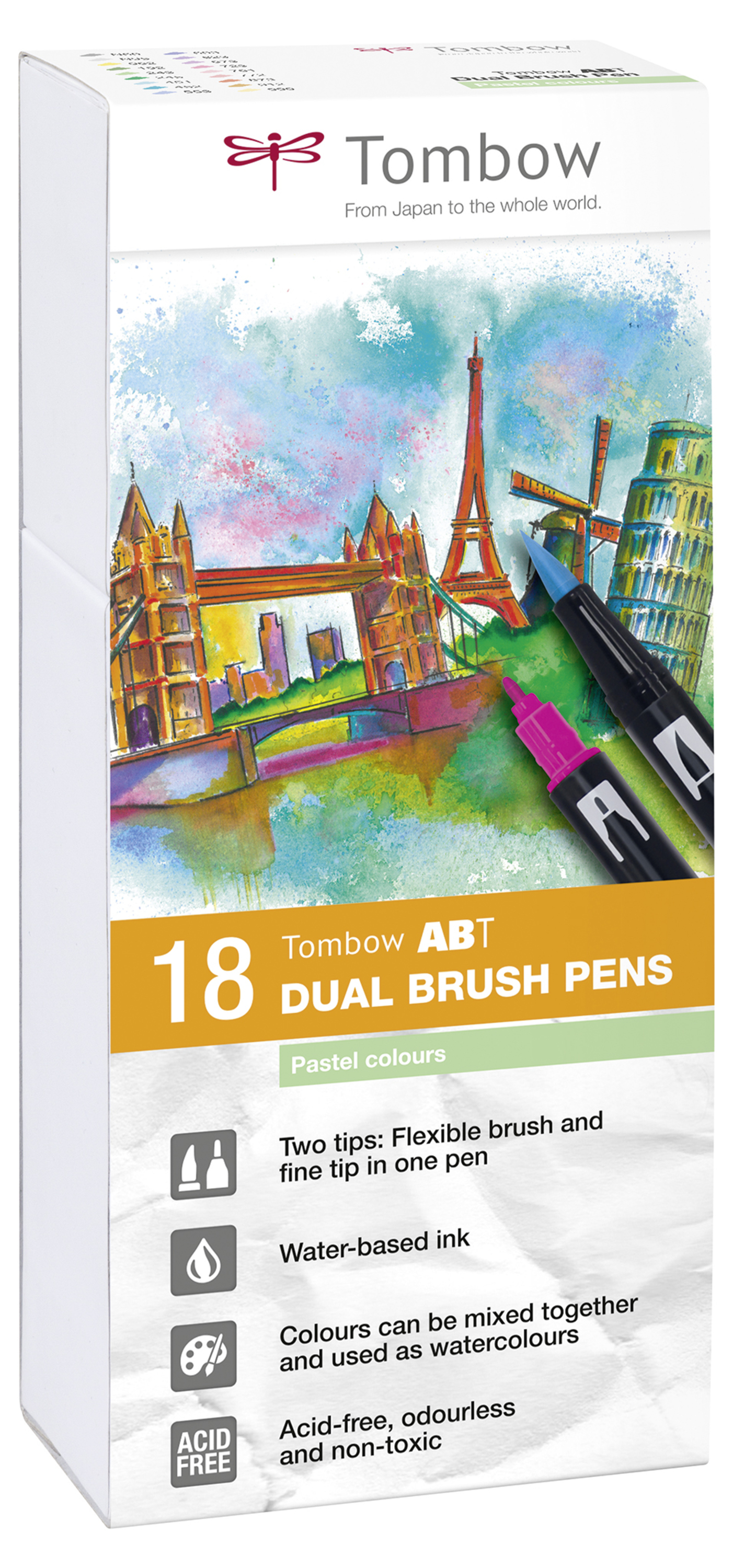 Tombow ABT Dual Brush Pen 2 Tips Pastel Assorted Colours (Pack 18)