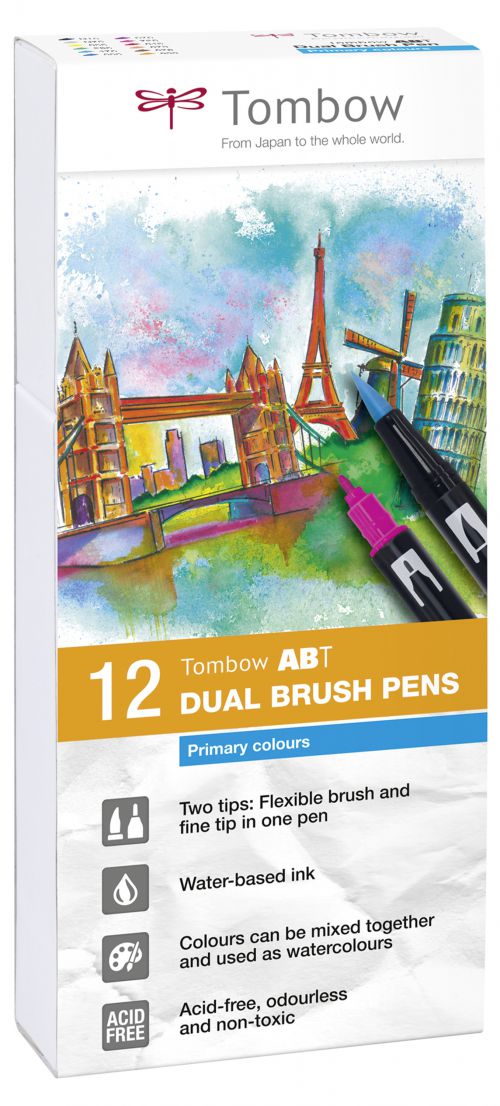 Tombow ABT Dual Brush Pen 2 Tips Primary Assorted Colours (Pack 12)