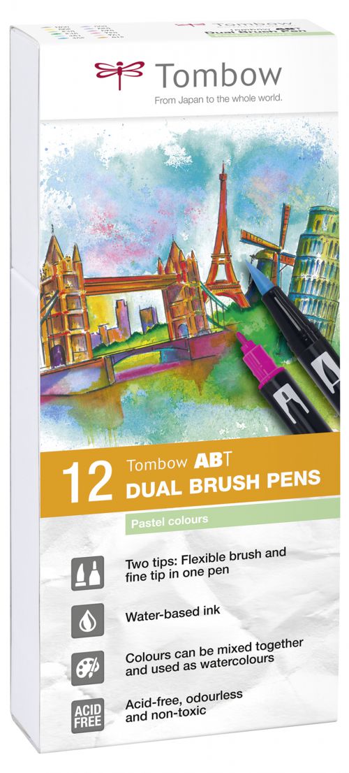 Tombow ABT Dual Brush Pen 2 Tips Pastel Assorted Colours (Pack 12) - ABT-12P-2