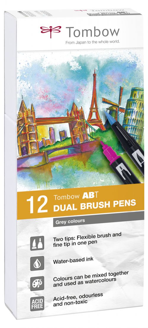 Tombow ABT Dual Brush Pen 2 Tips Grey Colours (Pack 12)