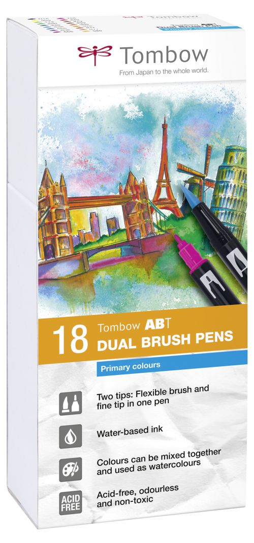 Tombow ABT Dual Brush Pen 2 Tips Primary Assorted Colours (Pack 18)