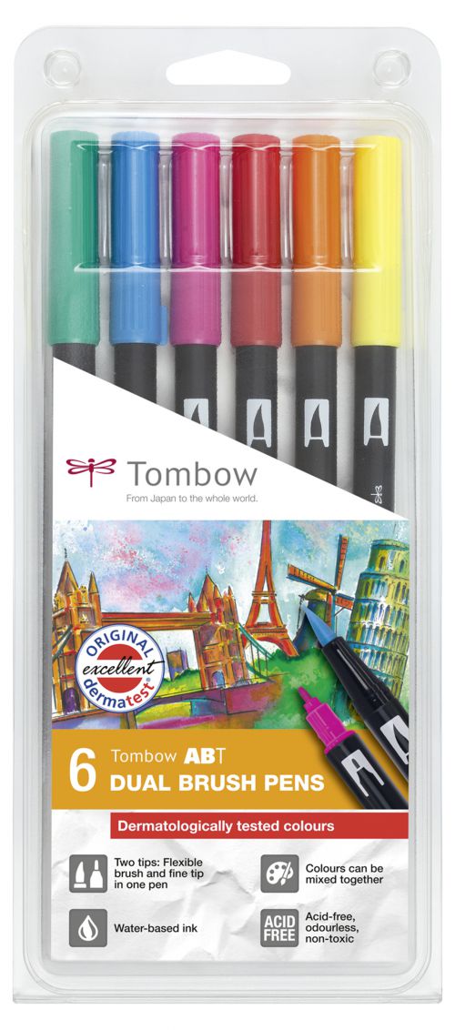 Tombow ABT Dual Brush Pen 2 Tips Dermatlogically Tested Assorted Colours (Pack 6)