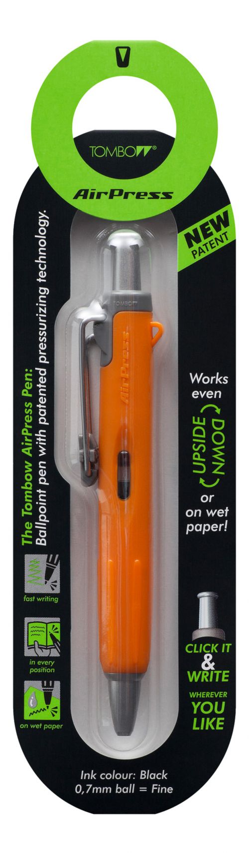Ballpoint Tombow AirPress Retractable Ballpoint Pen 0.7mm Tip Orange Barrel Black Ink