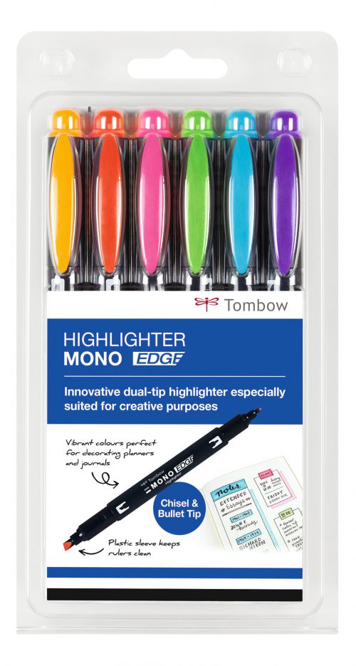 Tombow MONO Edge Highlighter Pen Chisel and Bullet Tip 3.8mm and 0.8mm Line Assorted Colours (Pack 6)
