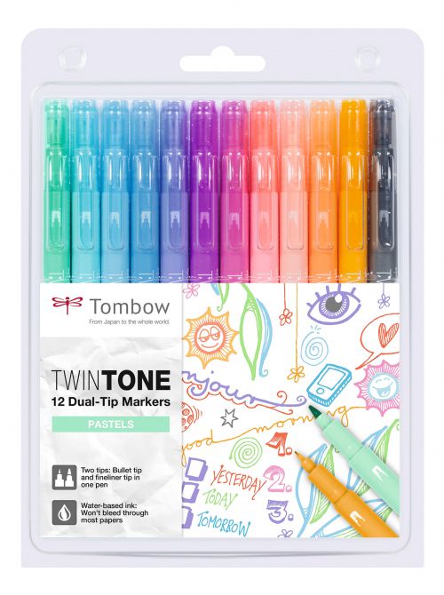Tombow TwinTone Dual Tip Marker 0.8mm and 0.3mm Line Pastel Assorted Colours (Pack 12)