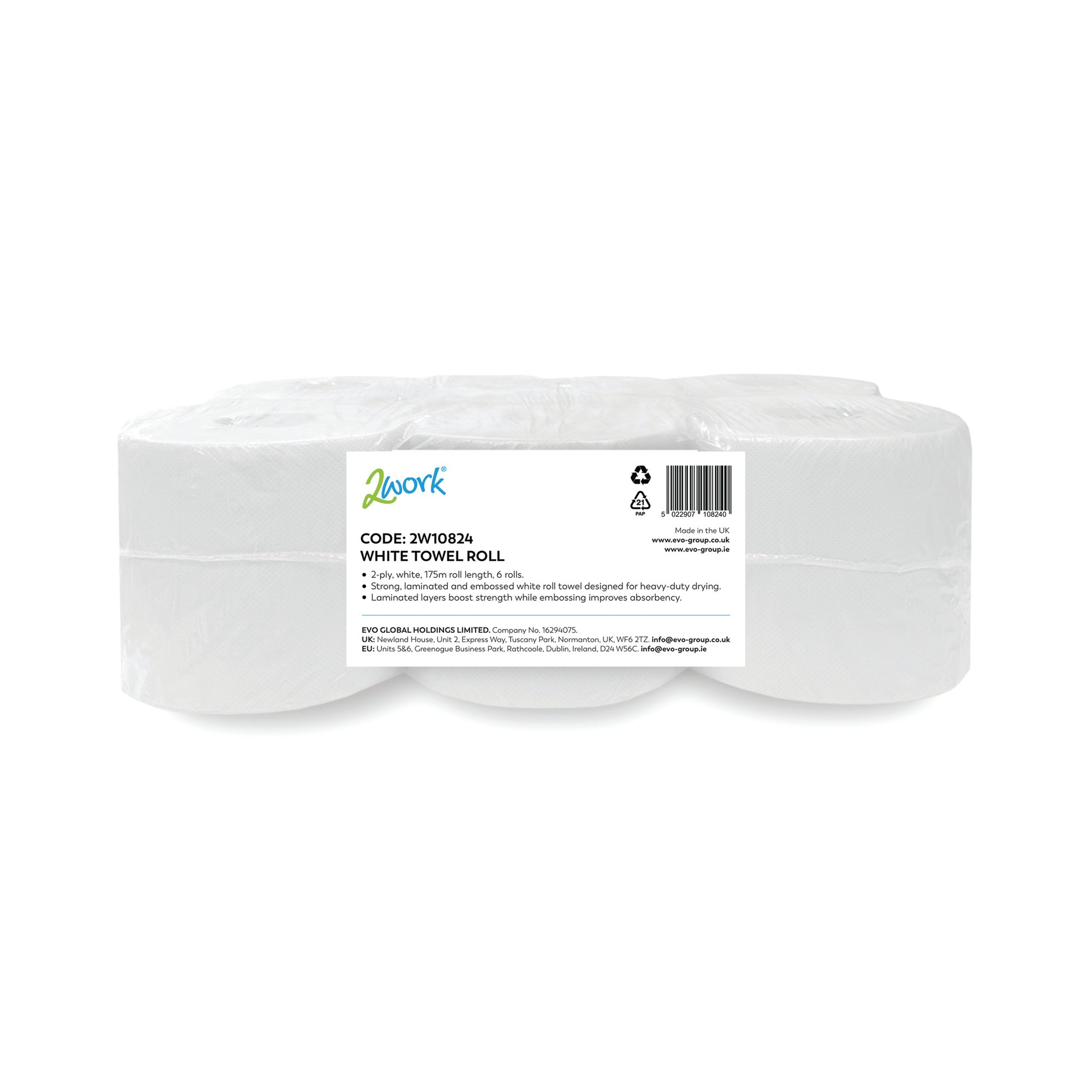 2WORK 2-PLY TOWEL ROLL 175M WHT PK6