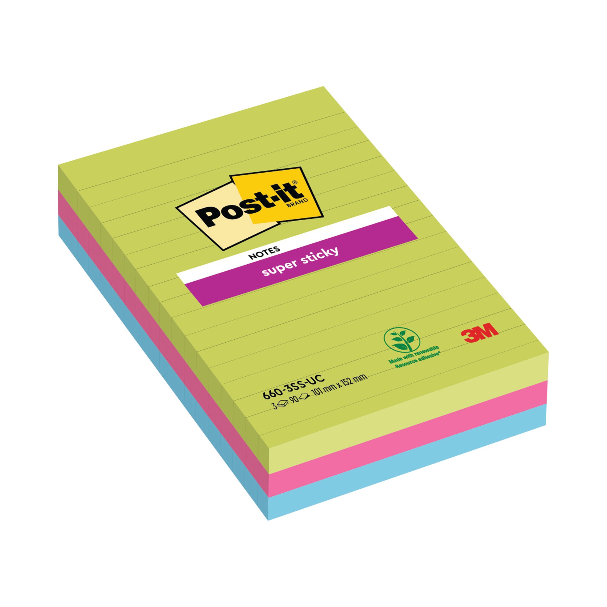 POST-IT S/STICKY RULED 101X152MM PK3