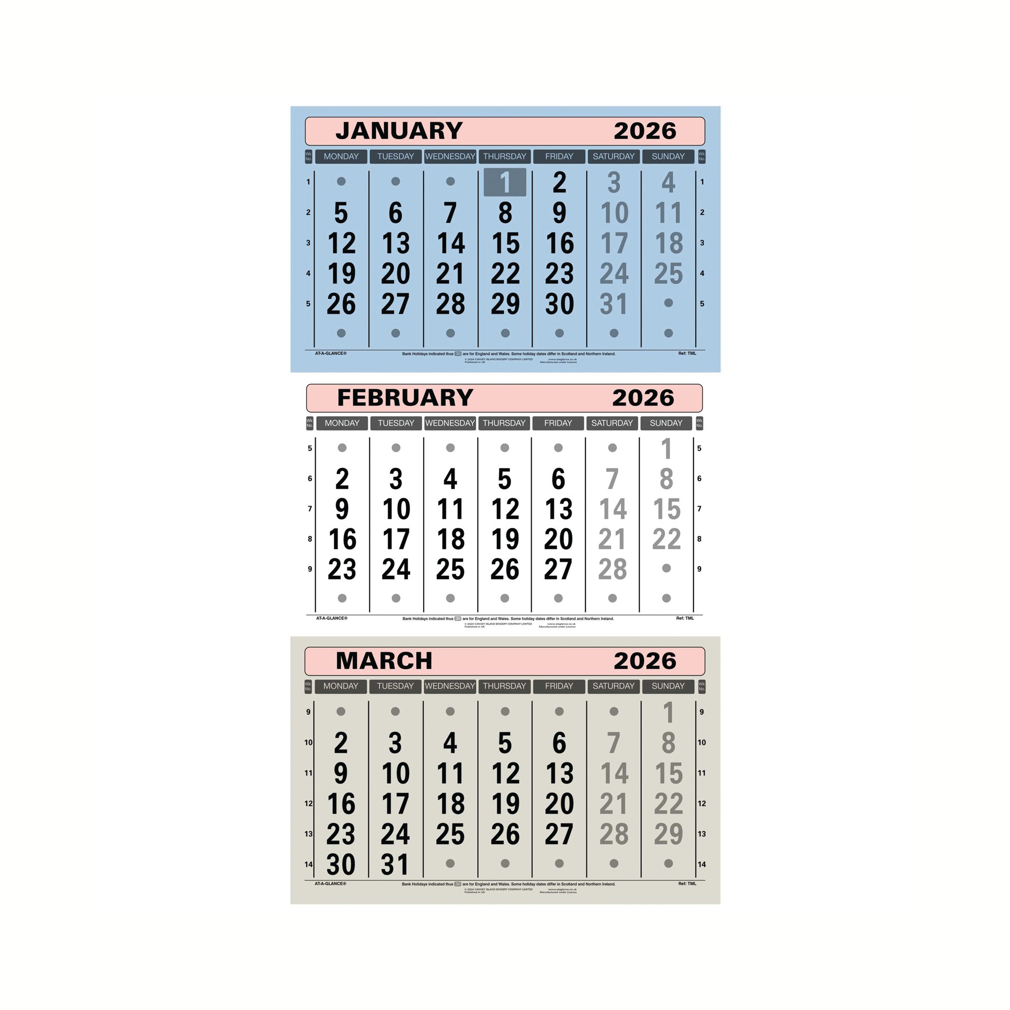 AT-A-GLANCE 3 MONTHLY CALENDAR 2026