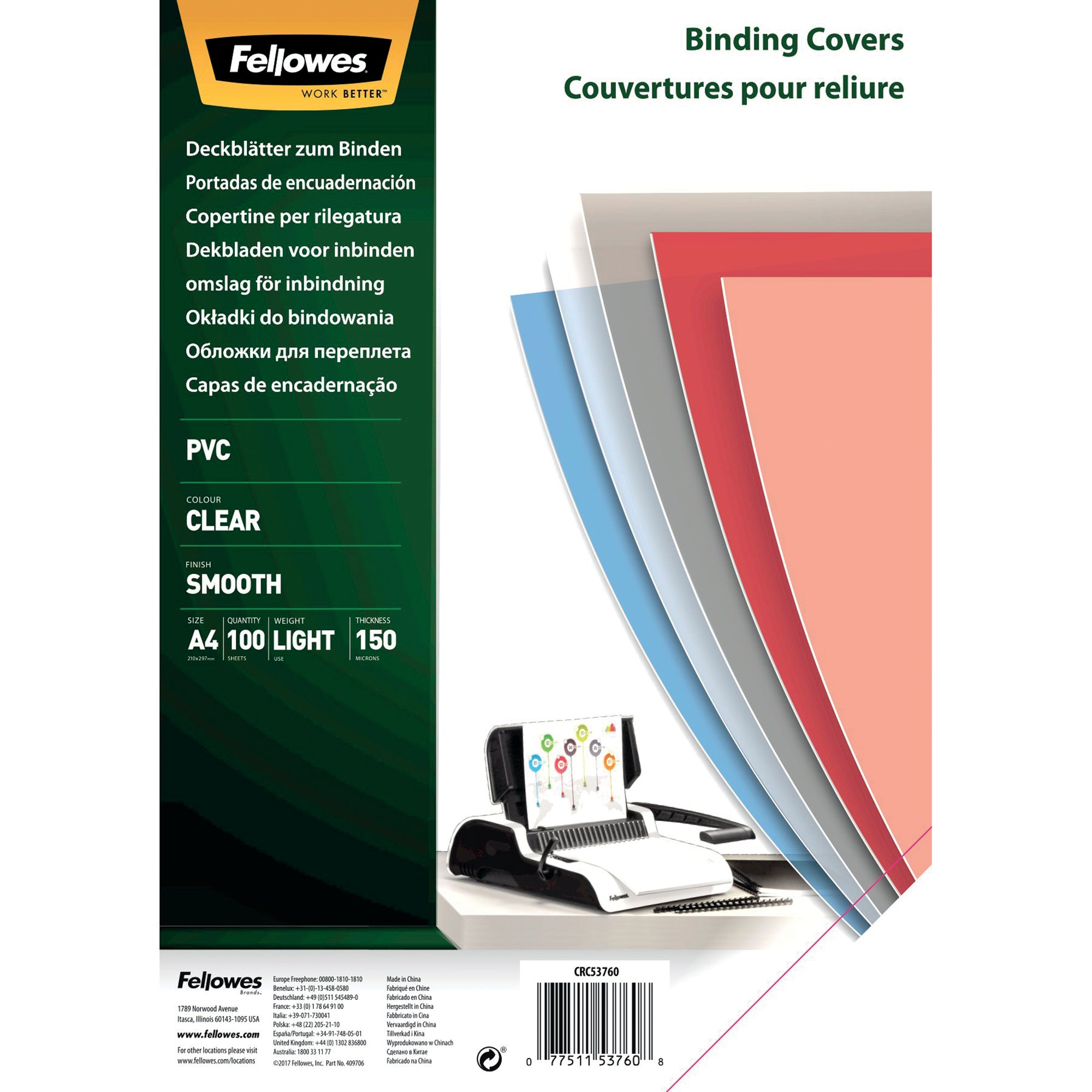 FELLOWES CLR PVC COVERS 150MI PK100
