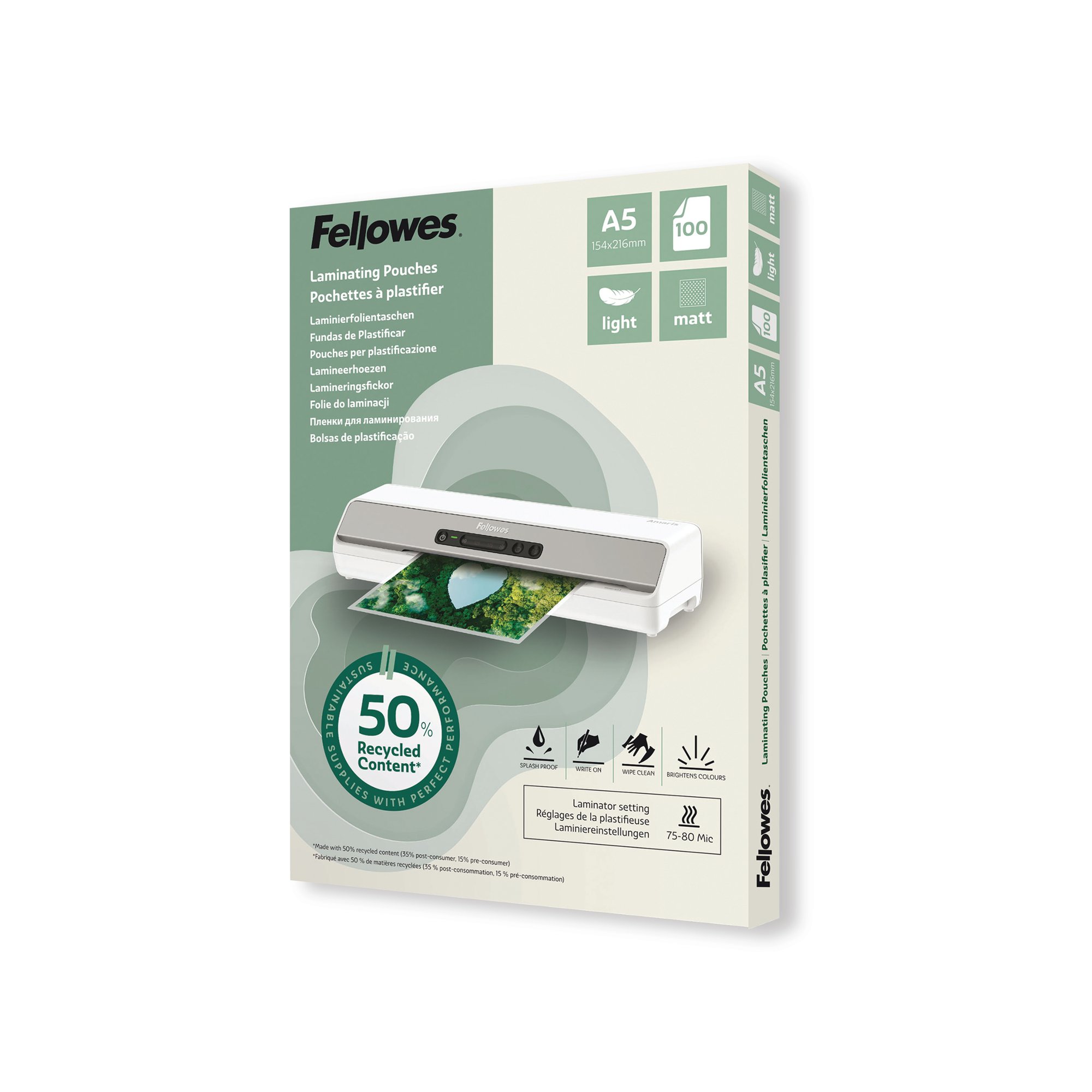 FELLOWES A5 RECY MATT POUCH 80MIC PK100