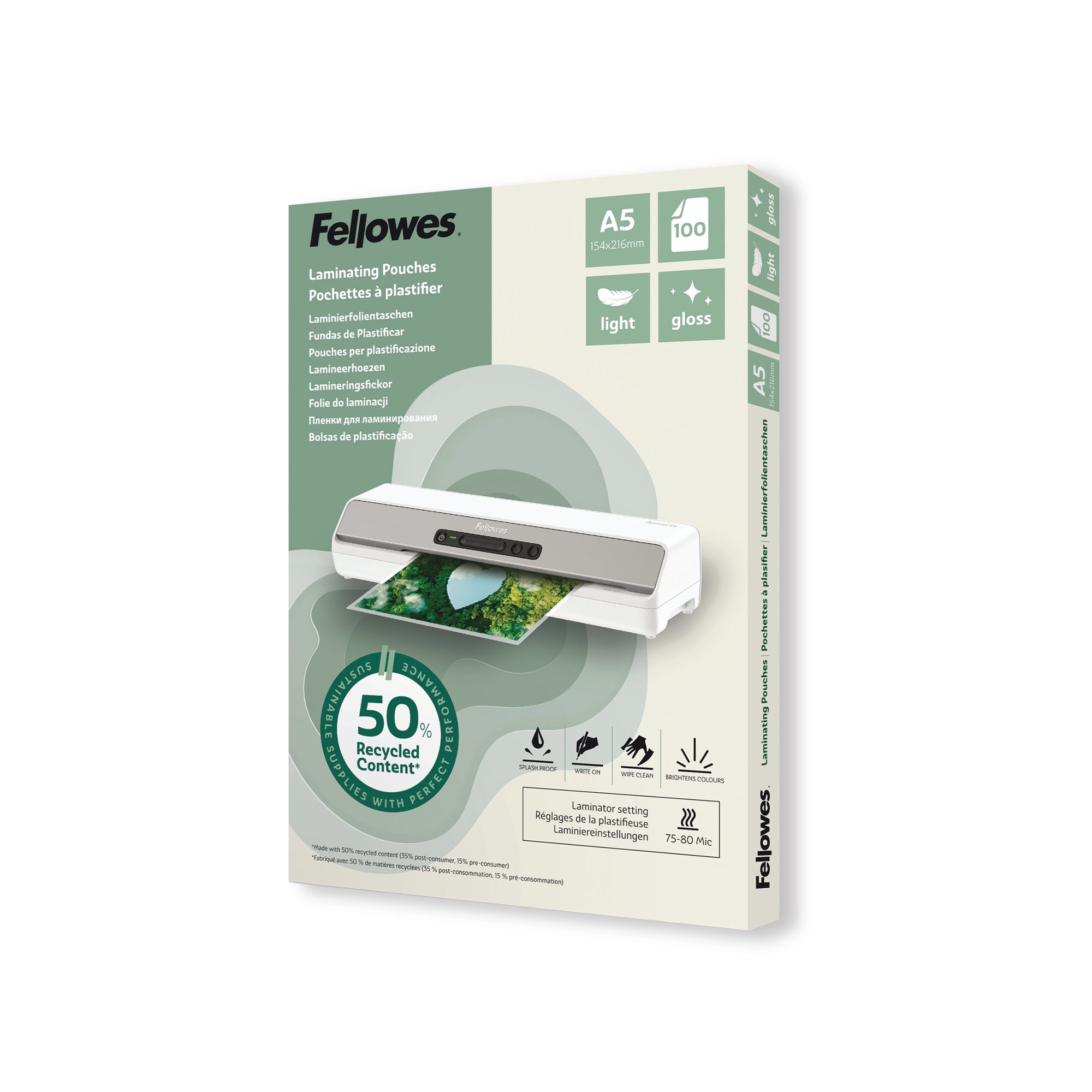 FELLOWES A5 RECY GLOSS POUCH 80MIC PK100