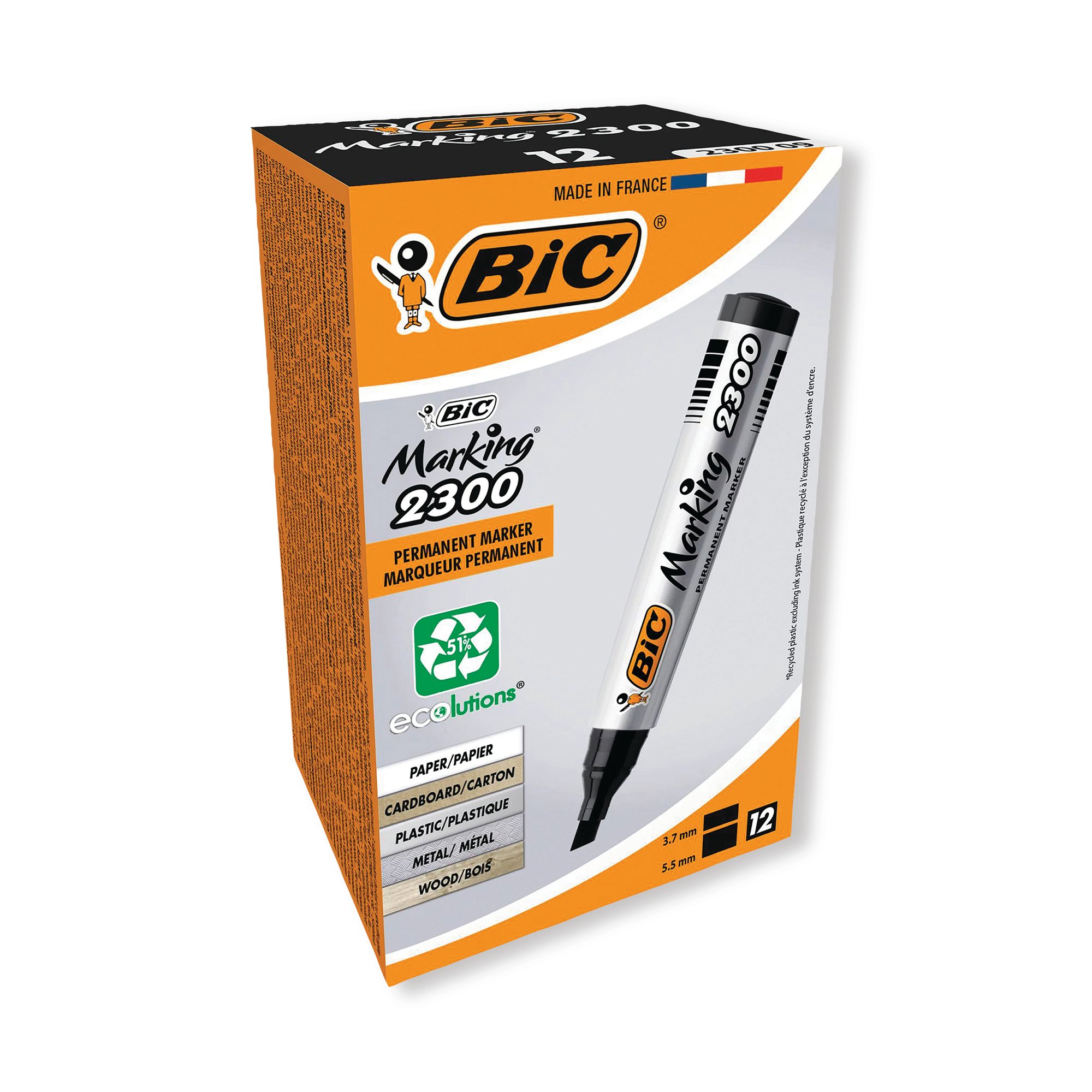 BIC 2300 CHISEL PERM MARKER BLK PK12