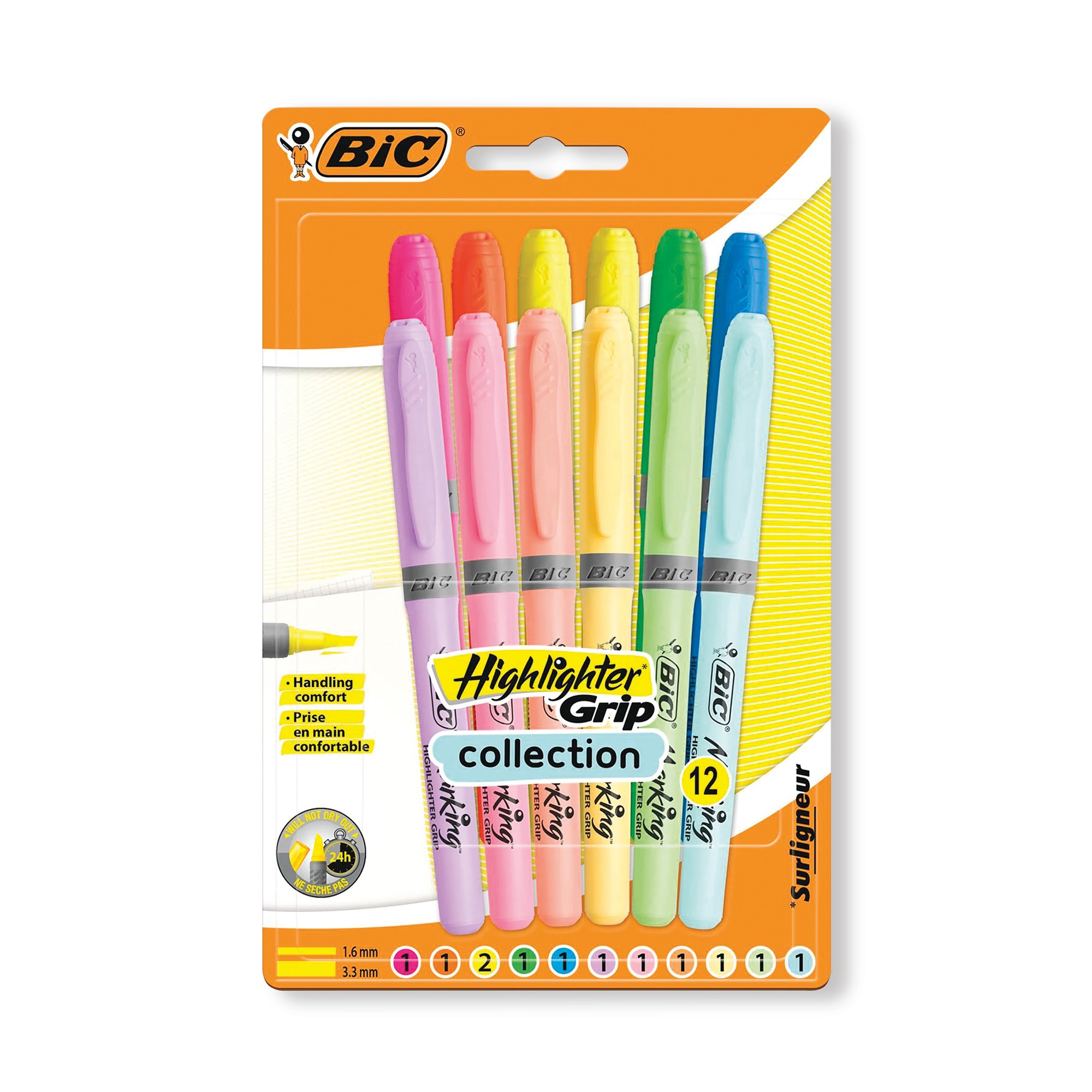 BIC HIGHLGHTR GRIP PASTEL ASTD PK12