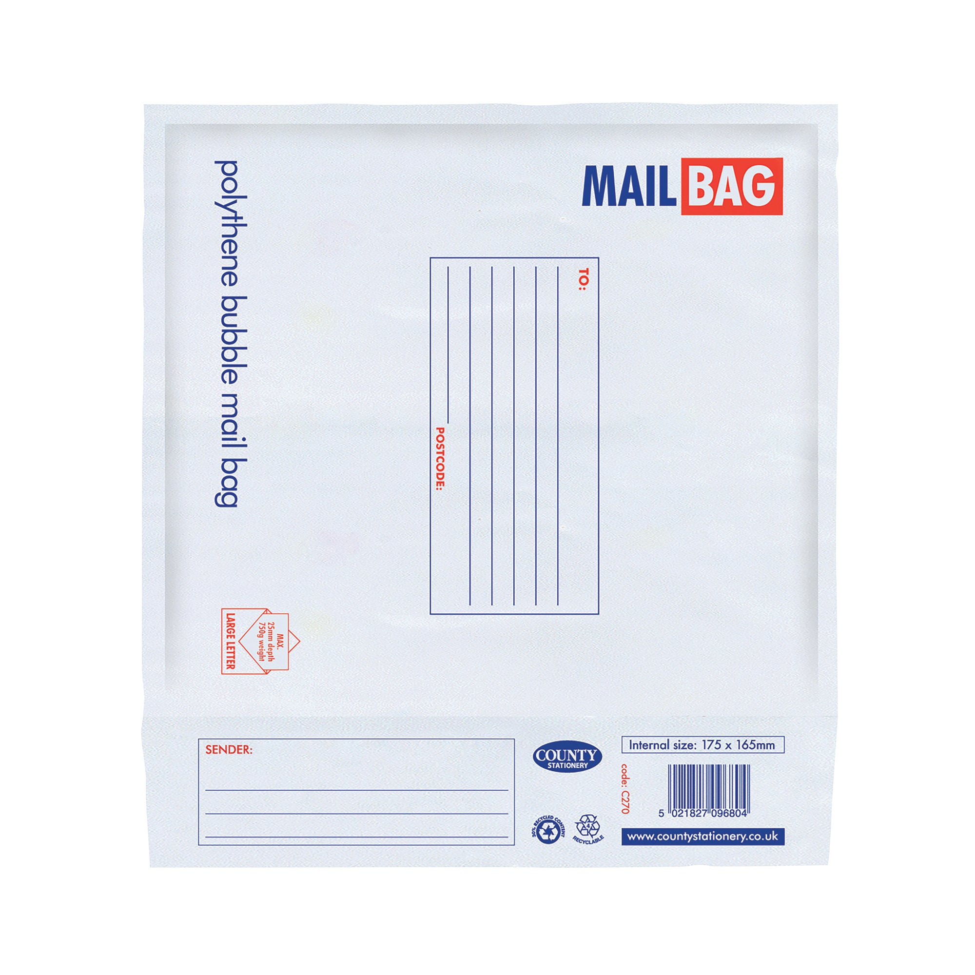 BUBBLE MAIL BAG 175X165MM PK10 C270