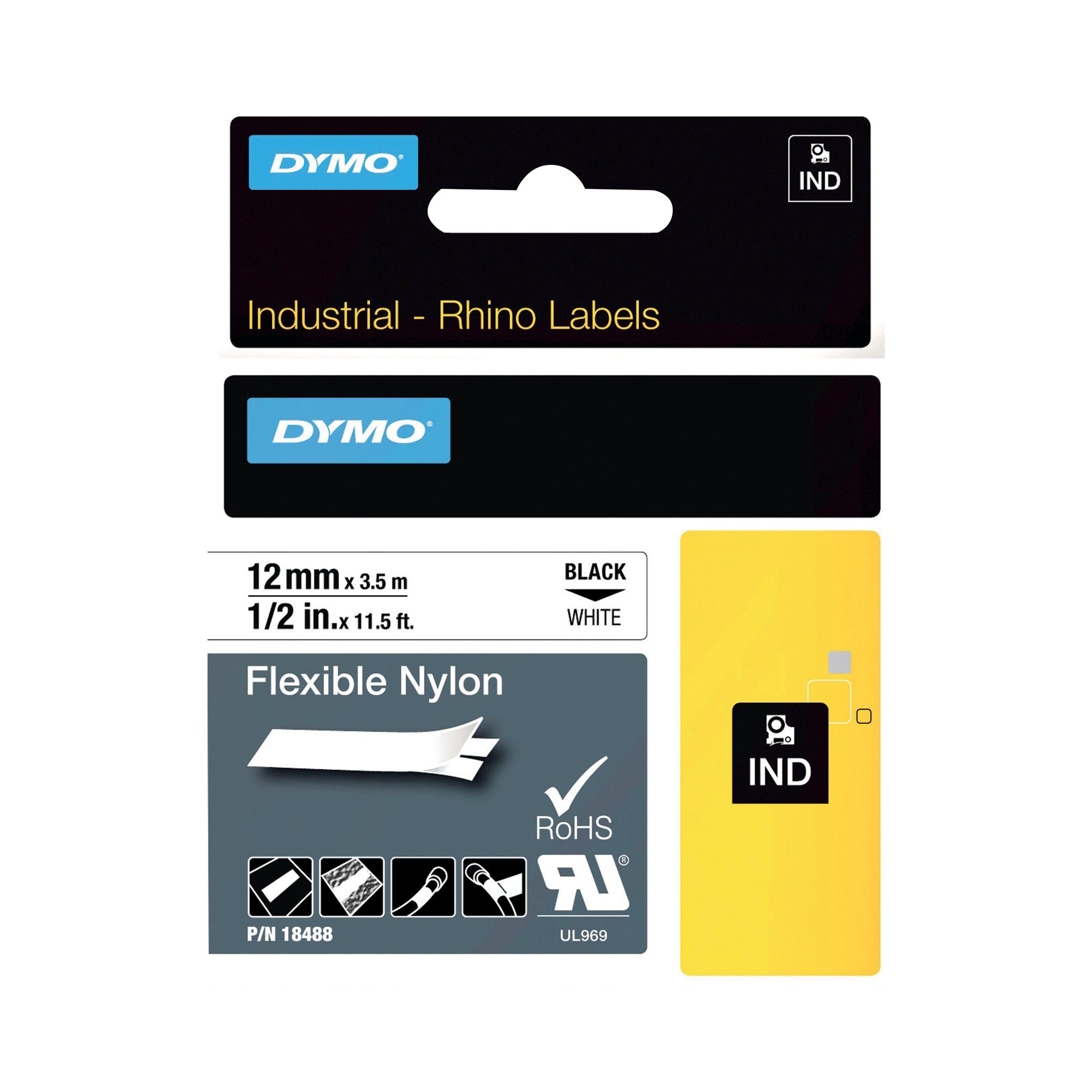 DYMO RHINO NYLON TAPE 12MM BLK/WHT