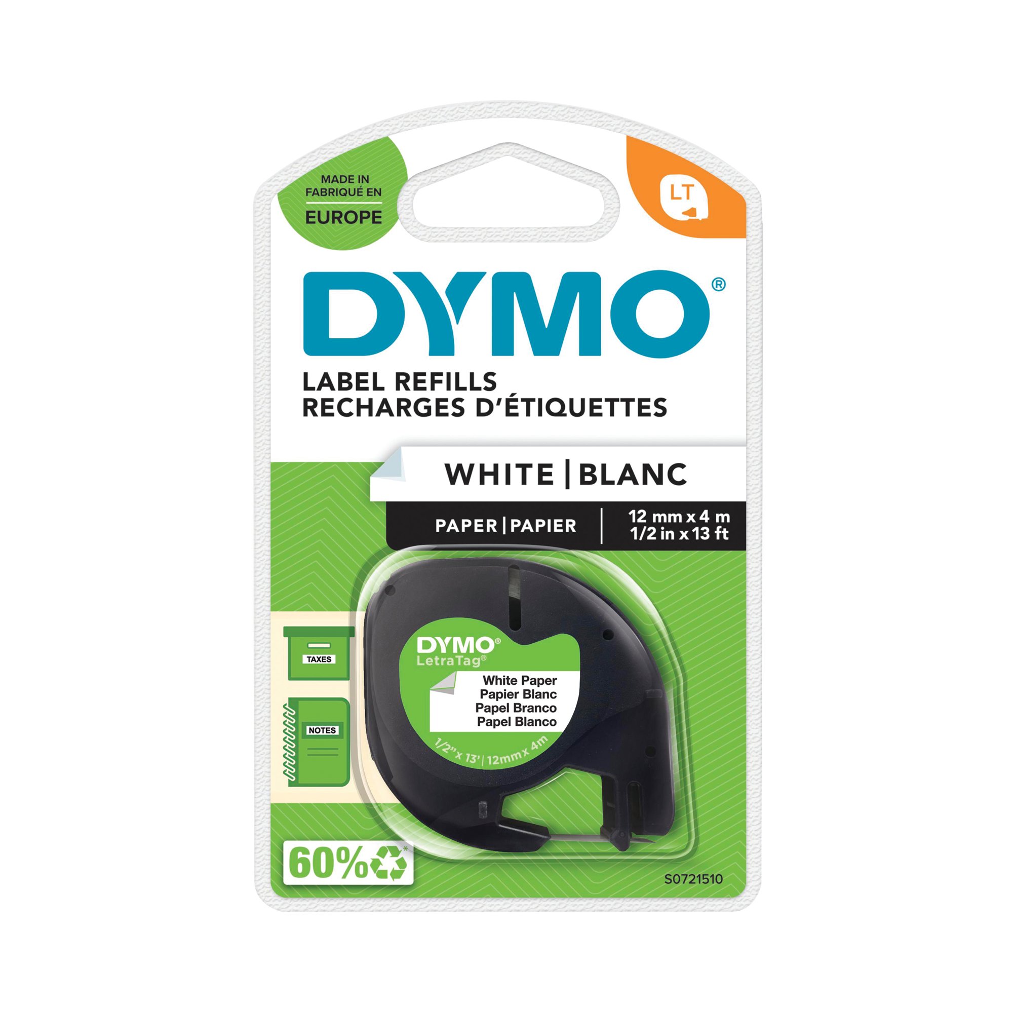 DYMO LETRATAG PAPER TAPE 12MMX4M WHT