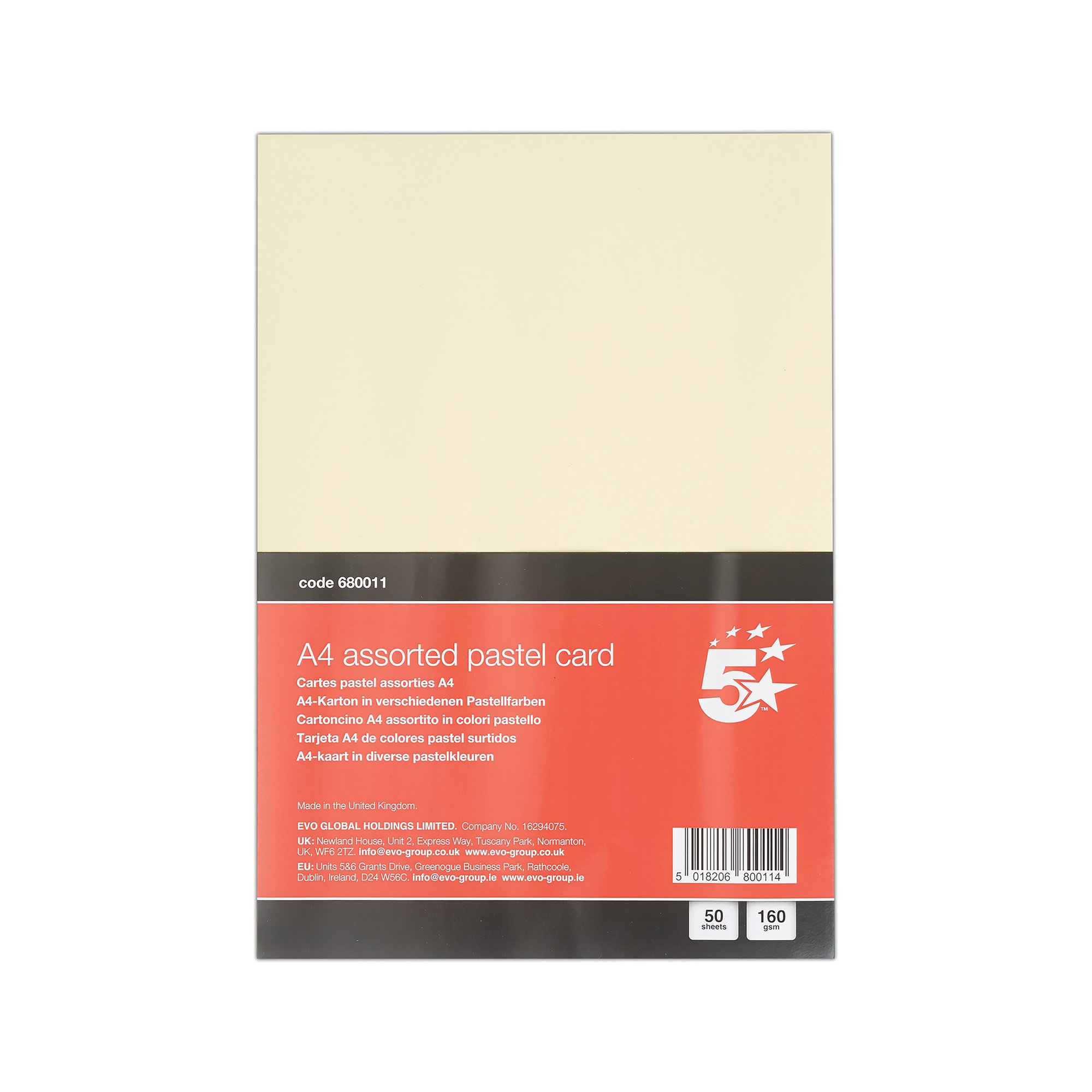 5 STAR A4 PASTEL CARD 160GSM PK50