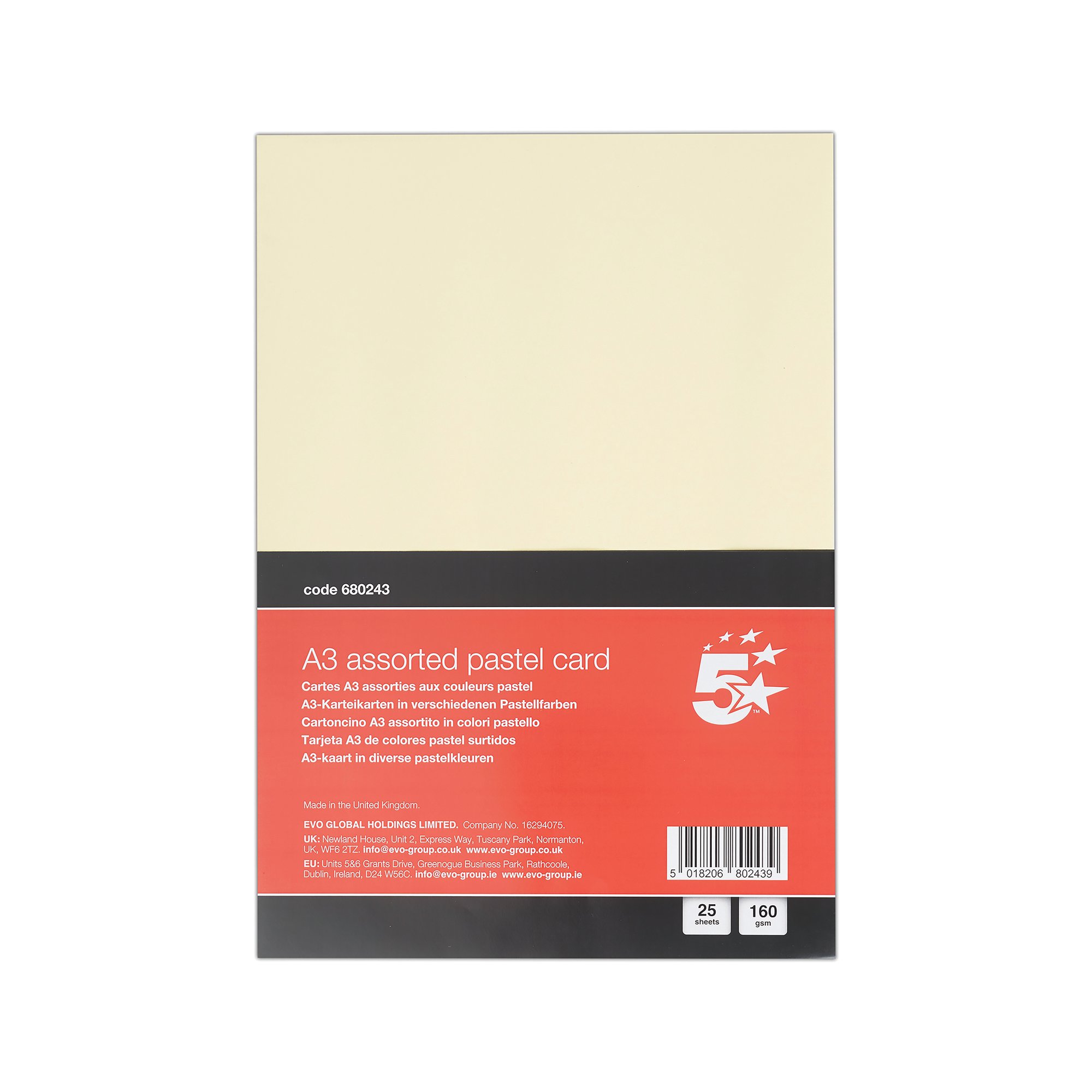 5 STAR A3 PASTEL CARD 160GSM PK25