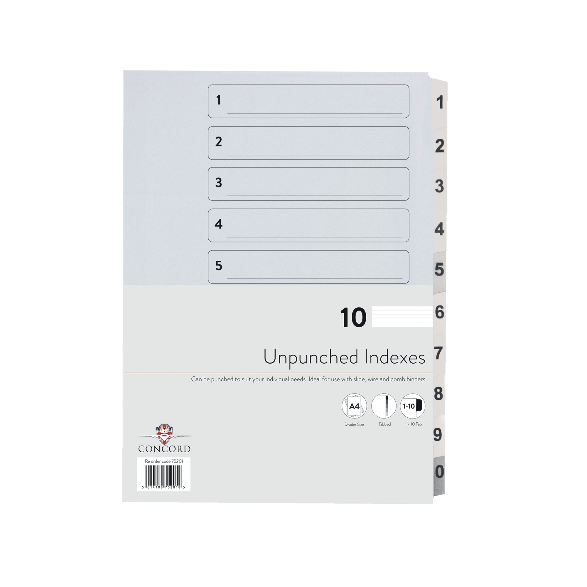 CONCORD UPCHD INDEX 1-10 A4 WHT PK10