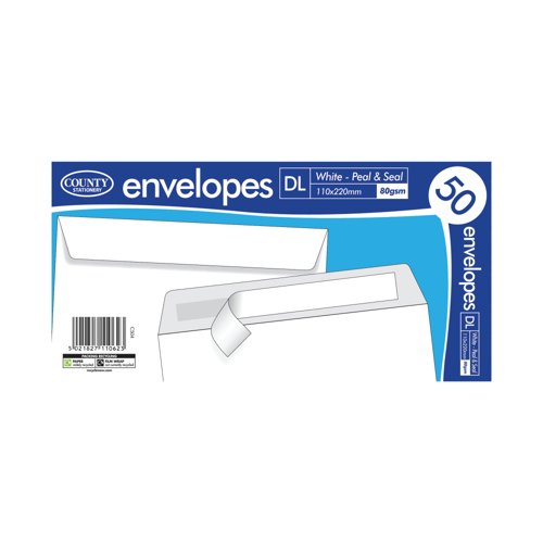 County Stationery DL Peel and Seal Envelopes x50 White (Pack of 20) C504 County Stationery DL Peel and Seal Envelopes x50 White (Pack of 20) C504