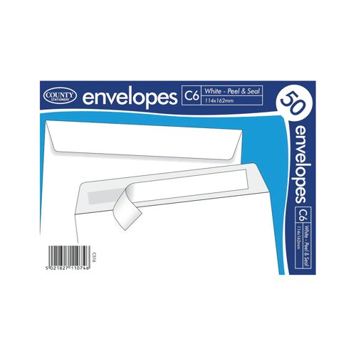 County Stationery C6 Peel and Seal Envelope x50 White 114x1162mm (Pack of 20) C516 County Stationery C6 Peel and Seal Envelope x50 White 114x1162mm (Pack of 20) C516