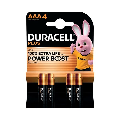 Duracell Plus AAA Battery Alkaline 100% Extra Life Power Boost (Pack of 4) 5009378+ Duracell Plus AAA Battery Alkaline 100% Extra Life Power Boost (Pack of 4) 5009378+